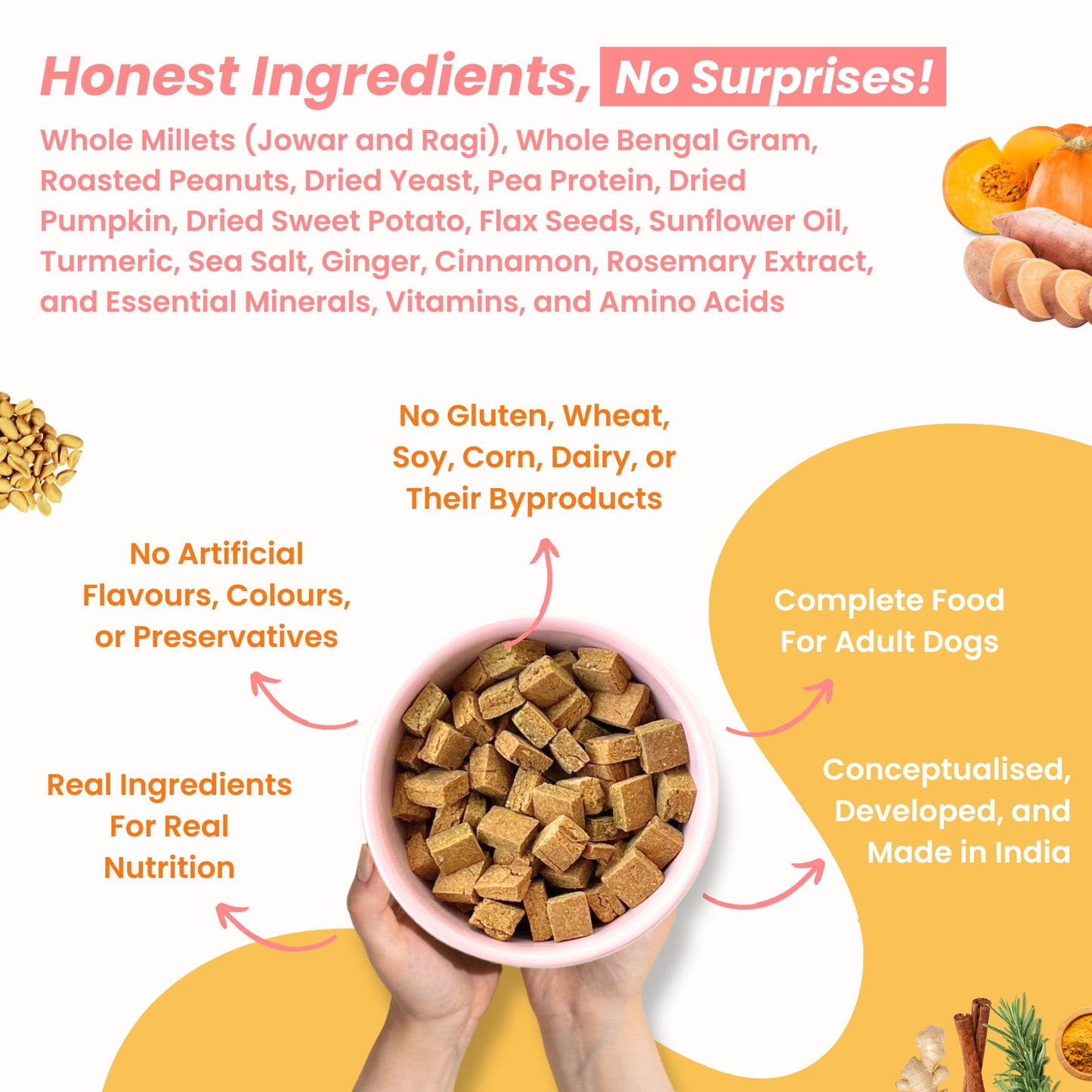 List of high-quality, human-grade ingredients in Tosh & Morinda's Millets, Pumpkin, and Sweet Potato baked dog food recipe.