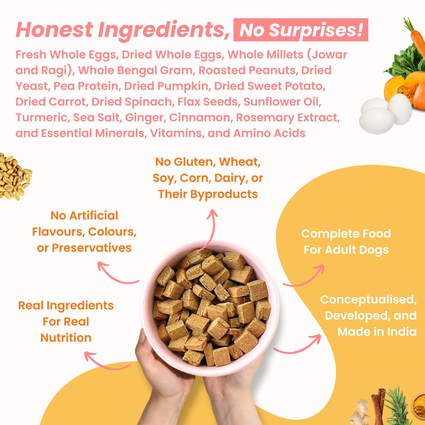 List of high-quality, human-grade ingredients in Tosh & Morinda's Eggs, Millets, and Vegetables baked dog food recipe.