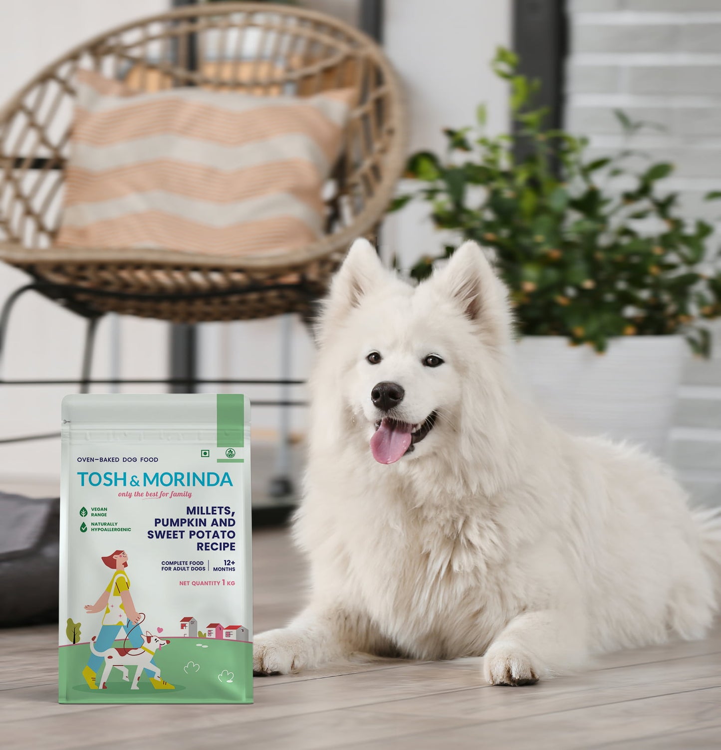 A handsome white dog sitting beside a pack of Tosh & Morinda's Millets, Pumpkin, and Sweet Potato baked dog food recipe.