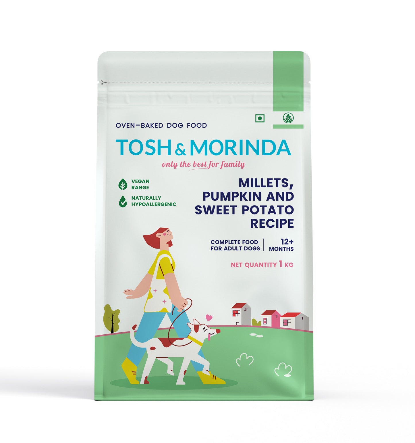 Front view of Tosh & Morinda's baked dog food packaging for the Millets, Pumpkin, and Sweet Potato Recipe variant.