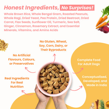 List of high-quality, human-grade ingredients in Tosh & Morinda's Brown Rice, Beetroot, and Carrot baked dog food recipe.