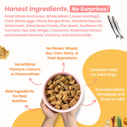 List of high-quality, human-grade ingredients in Tosh & Morinda's Wild-Caught Anchovies, Millets, and Sweet Potato baked dog food recipe.