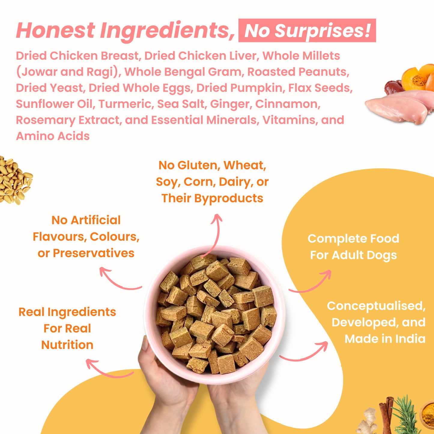 List of high-quality, human-grade ingredients in Tosh & Morinda's Chicken, Millets, and Pumpkin baked dog food recipe.