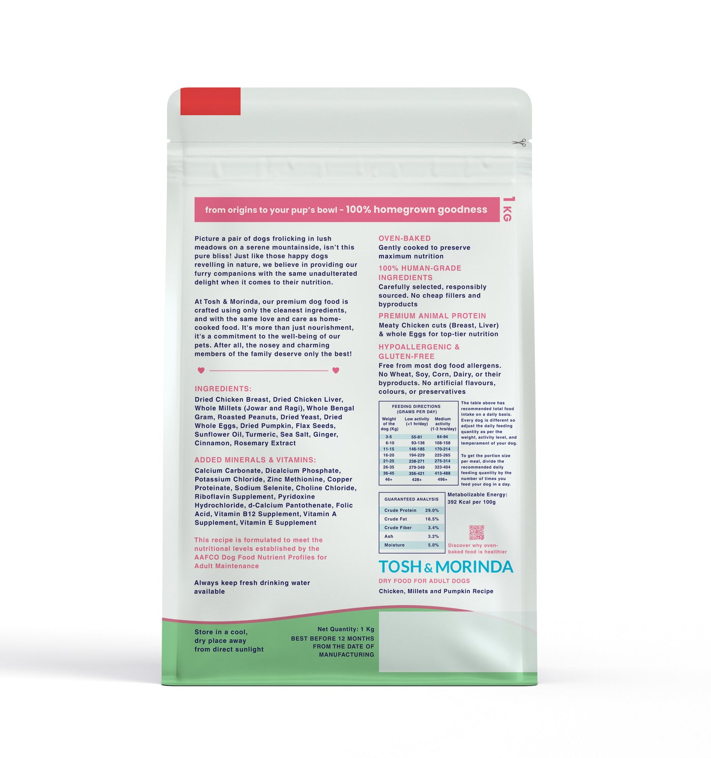 Back view of Tosh & Morinda's baked dog food packaging for the Chicken, Millets, and Pumpkin Recipe variant. It shows the ingredients list, key features, and the feeding guidelines.