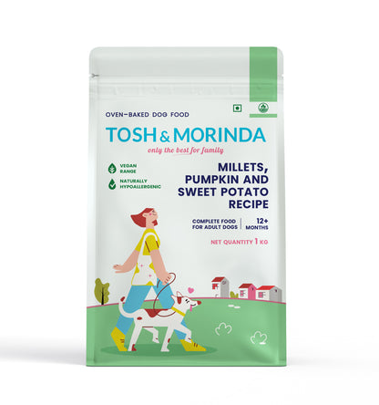 Front view of Tosh & Morinda's baked dog food packaging for the Millets, Pumpkin, and Sweet Potato Recipe variant.
