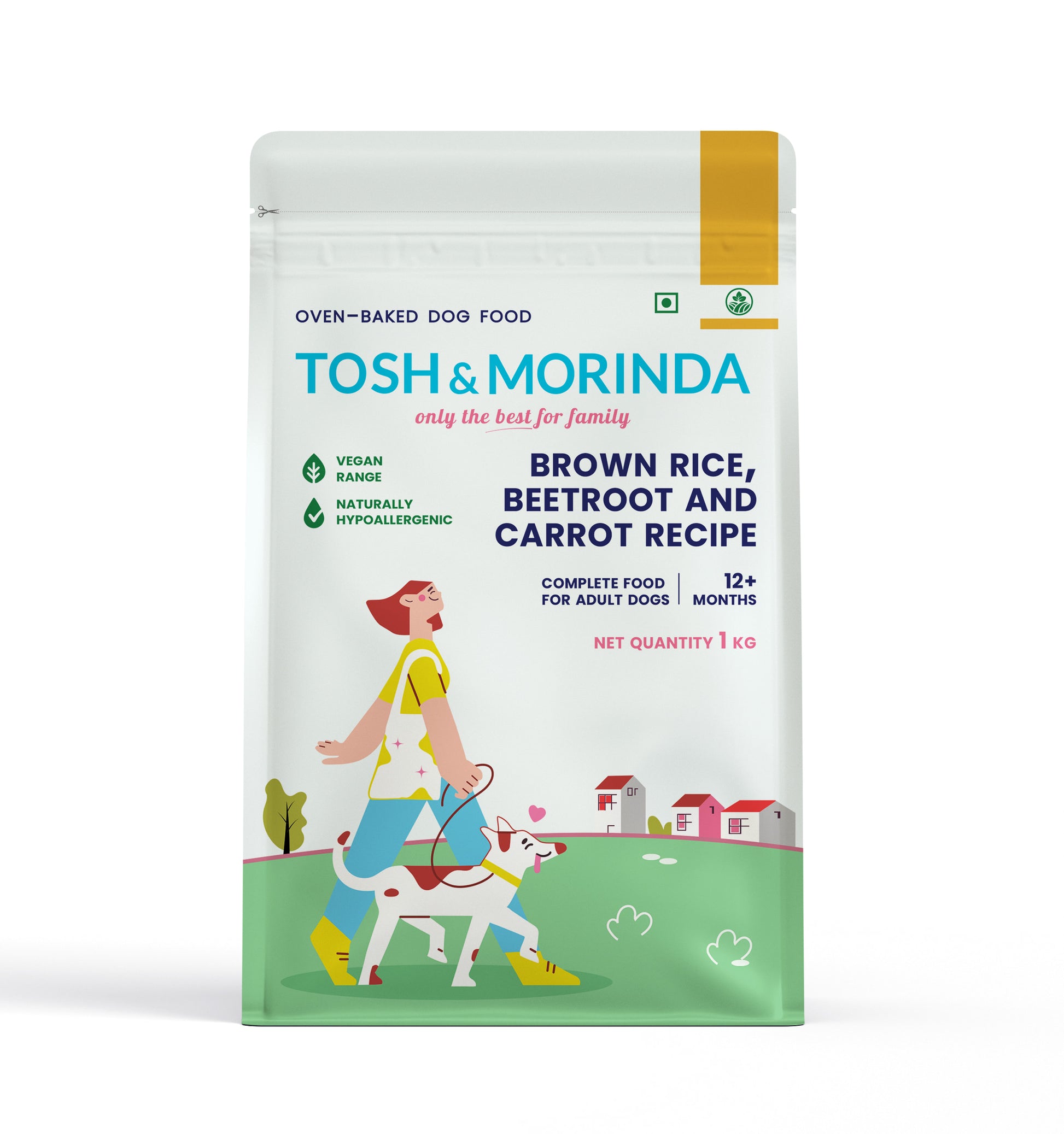 Front view of Tosh & Morinda's baked dog food packaging for the Brown Rice, Beetroot, and Carrot Recipe variant.