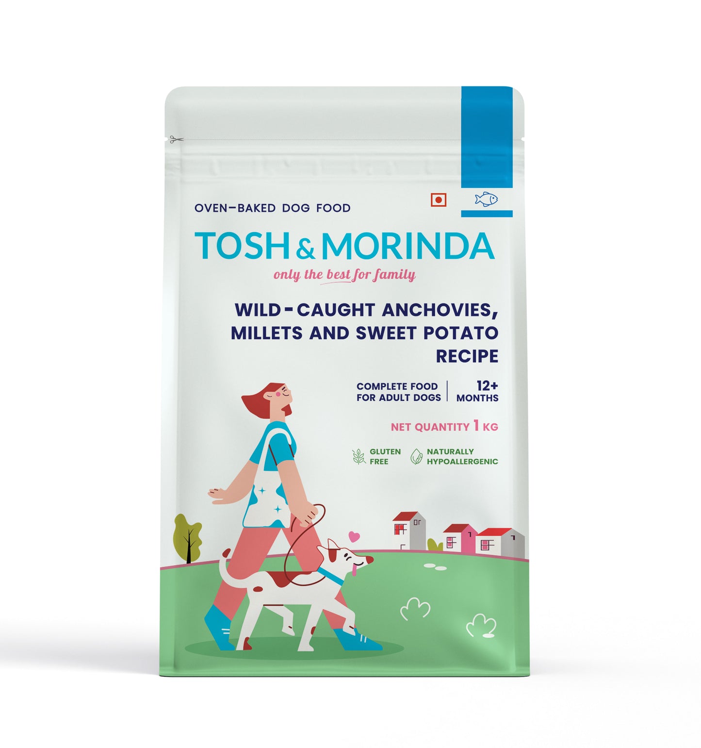 Front view of Tosh & Morinda's baked dog food packaging for the Wild-Caught Anchovies, Millets, and Sweet Potato Recipe variant.