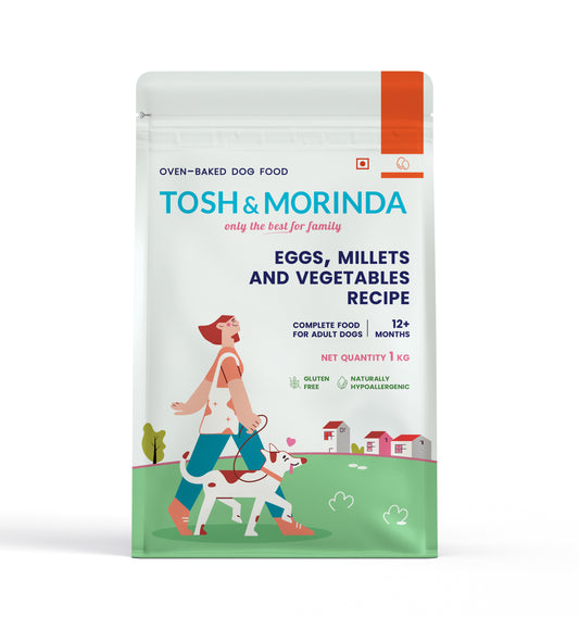 Front view of Tosh & Morinda's baked dog food packaging for the Eggs, Millets, and Vegetables Recipe variant.