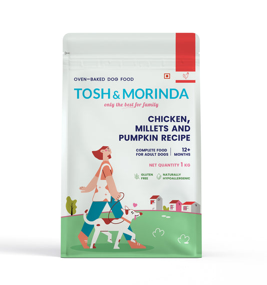Front view of Tosh & Morinda's baked dog food packaging for the Chicken, Millets, and Pumpkin Recipe variant.